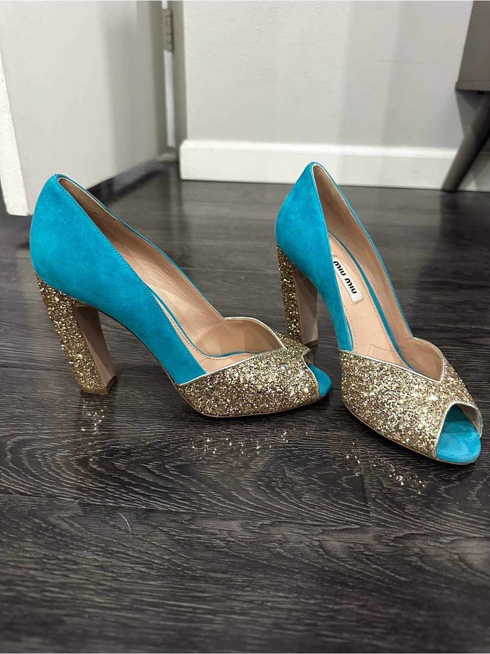 Miu Miu Turquoise Suede Peep-Toe Pumps with Gold Glitter